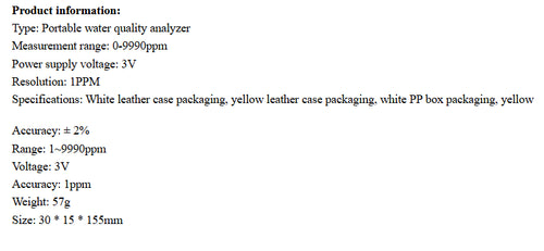 Product information for a portable water quality analyzer, including measurement range, power supply voltage, accuracy, and dimensions.