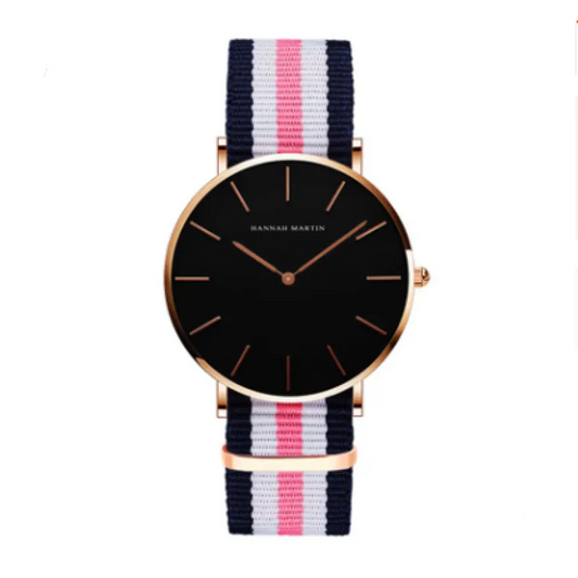 A black and rose gold waterproof leather watch with a striped pink and blue strap, and a sleek design.