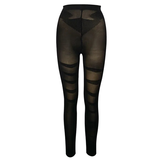 A pair of high-waisted black leggings with a solid pattern and no visible brand marking