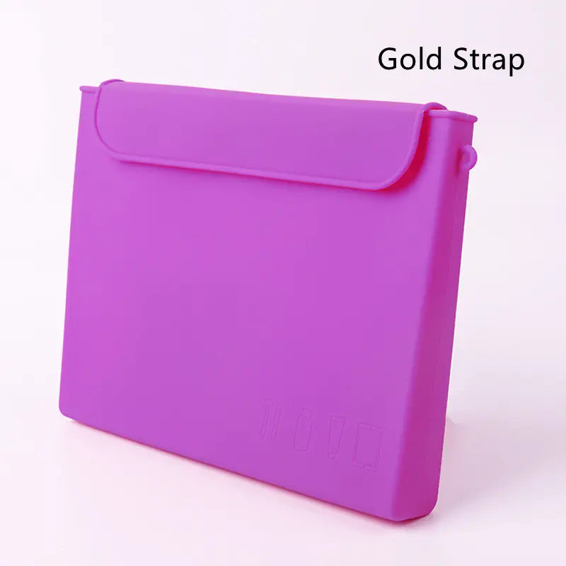 A sky blue silicone cosmetic organizer with a gold strap, displayed against a white background.