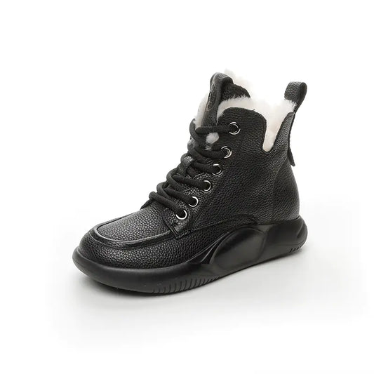 A pair of black, first layer cowhide snow boots with a white velvet lining and lace-up front.
