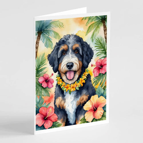 Bernedoodle Luau Greeting Cards Pack of 8 WEM Support (www.WEM.support)