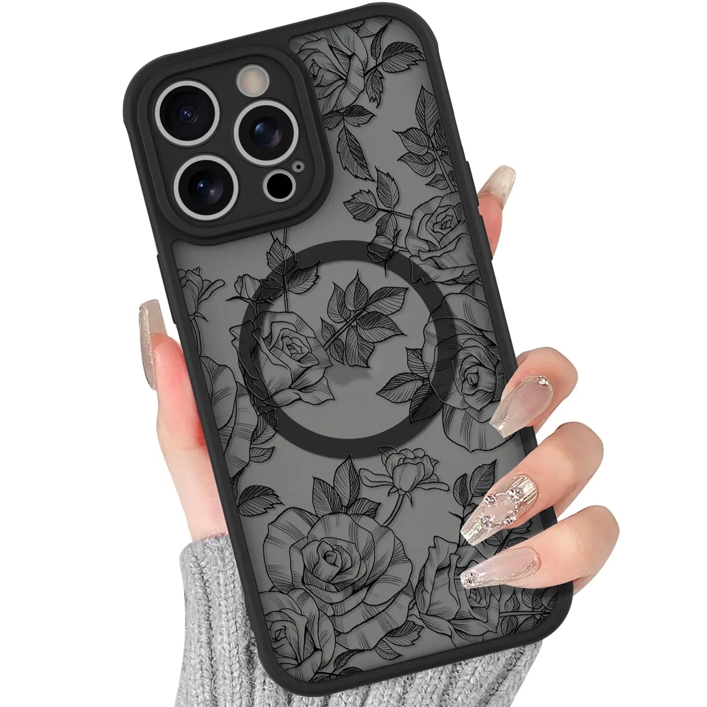BITOBE Floral Case for iPhone 13 [Compatible with MagSafe] Cute Flower Pattern Case for Women Girls Soft TPU Bumper Translucent Magnetic Slim Protective Cover - Black Rose