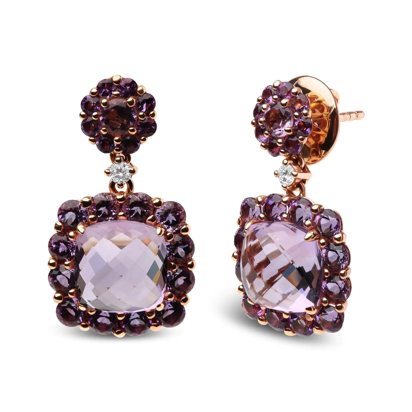 18K Rose Gold Diamond Accent and Pink and Purple Amethyst Gemstone Halo Dangle Drop Earrings (G-H Color, SI1-SI2 Clarity) WEM Support (www.WEM.support)