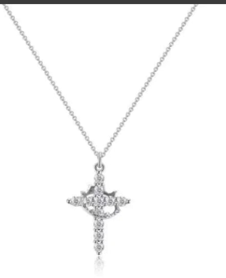 A Y-shaped crown cross clavicle necklace with a silver chain and a decorative cross pendant.