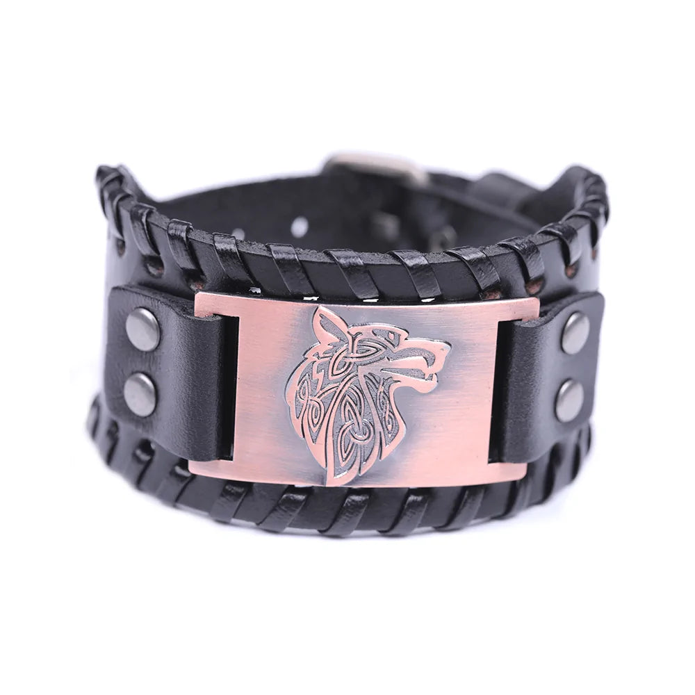 Vintage Wide Leather Woven Wolf Head Bracelet WEM Support (www.WEM.support)