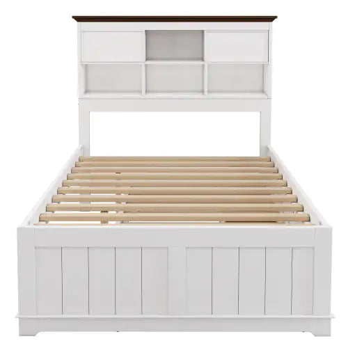 Solid Pine Captain Bookcase Bed With Trundle Bed And 3 Spacious Under Bed Drawers In Casual,Full, White Walnut WEM Support (www.WEM.support)