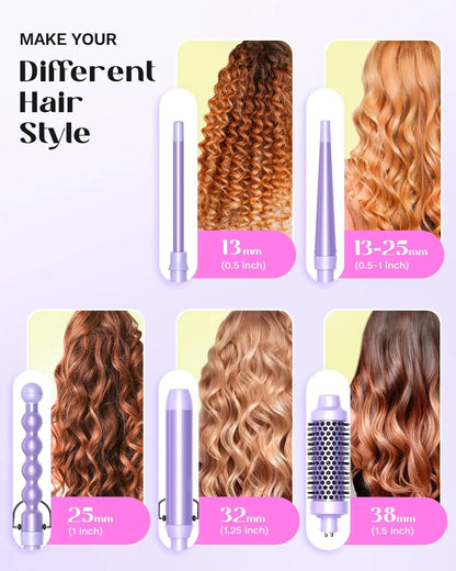 Wavytalk 5 in 1 Curling Iron,Curling Wand Set with Curling Brush and 4 Interchangeable Ceramic Curling Wand(0.5”-1.25”),Instant Heat Up,Include Heat Protective Glove & 2 Clips (Purple) Curling Wand （0.5"-1.25" ） Purple Lavender My Store