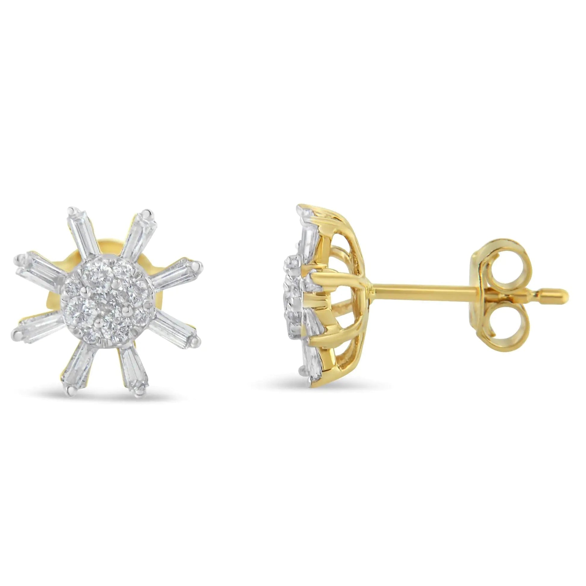 Boucles d'oreilles clous en or jaune 10k avec diamants ronds et baguettes (0,50 ct, couleur H-I, clarté I2-I3) WEM Support (www.WEM.support)