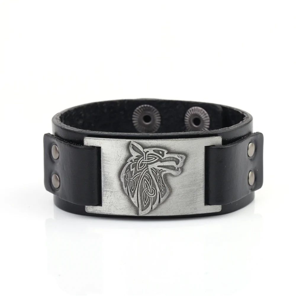 Vintage Wide Leather Woven Wolf Head Bracelet WEM Support (www.WEM.support)