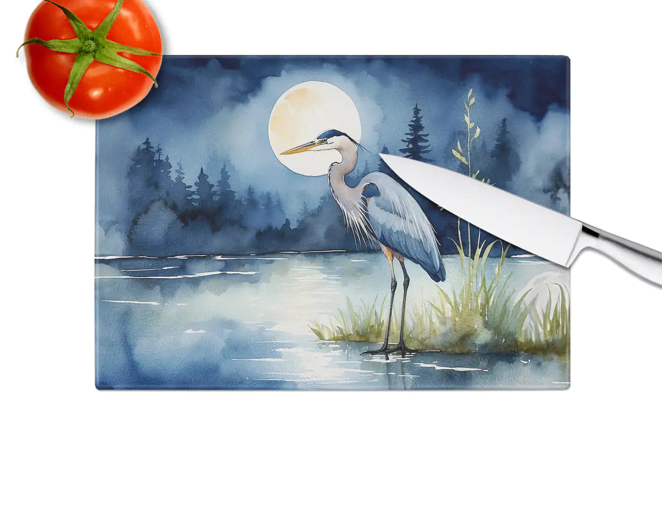 Blue Heron Under the Moonlight Glass Cutting Board WEM Support (www.WEM.support)