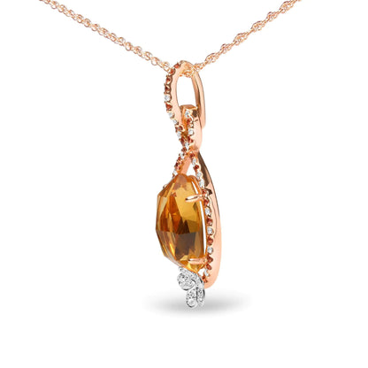 18K Rose Gold 1/5 Cttw Diamond and Oval Yellow Citrine and Round Orange Sapphire Gemstone Openwork Halo Teardrop with Flower Design 18" Pendant Necklace (G-H Color, SI1-SI2 Clarity) WEM Support (www.WEM.support)