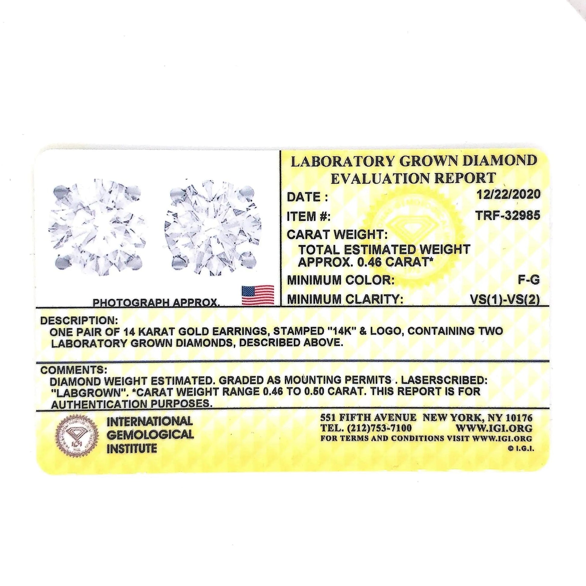 Boucles d'oreilles solitaires classiques en diamant rond taille brillant de 1/2 carat en or blanc 14K certifié IGI, montées sur quatre griffes (Couleur F-G, Clarté VS1-VS2) WEM Support (www.WEM.support)