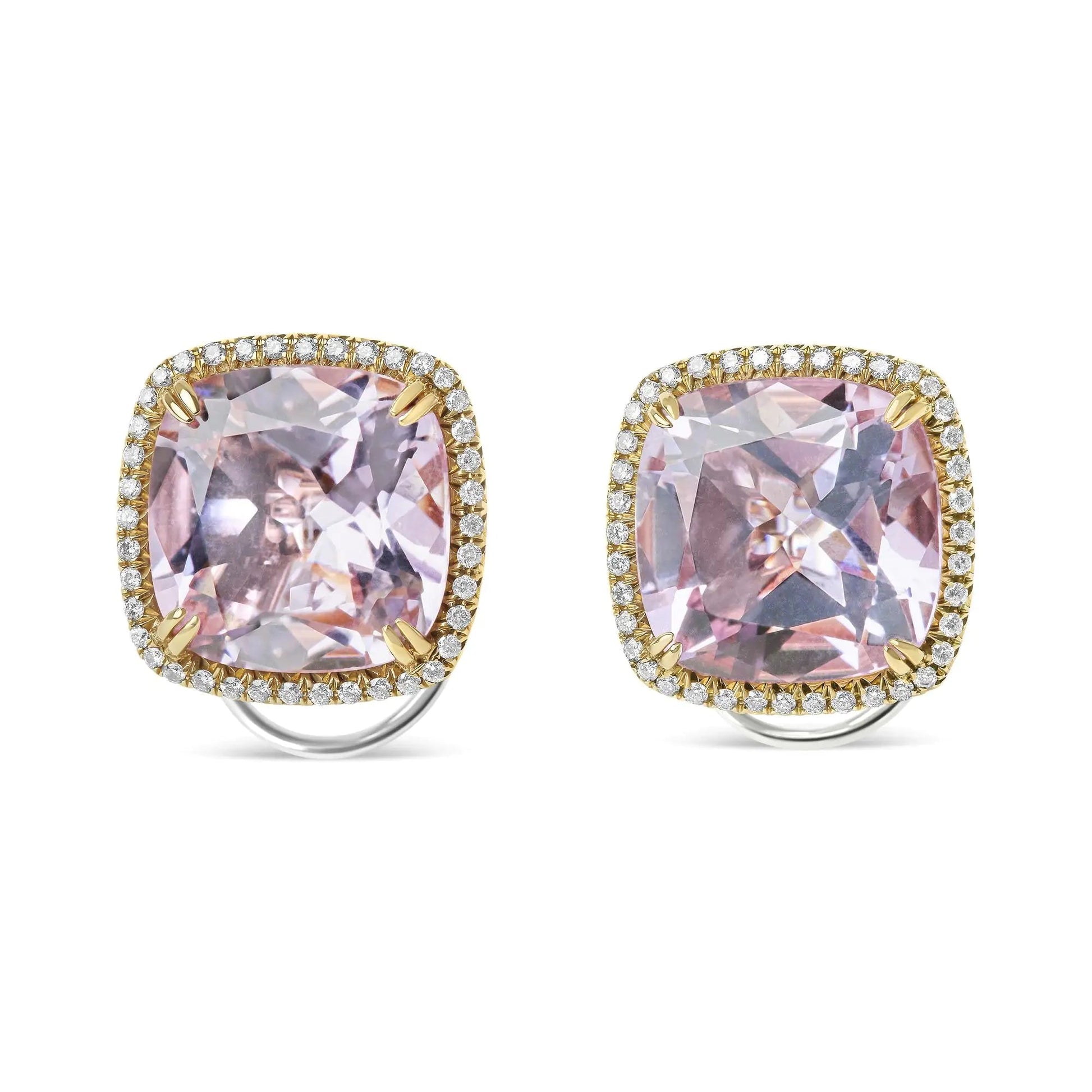 18K Rose and White Gold 9/10 Cttw Round Diamond and 15mm Cushion Cut Rose De France Pink Amethyst Gemstone Clip On Stud Earring (G-H Color, SI1-SI2 Clarity) WEM Support (www.WEM.support)