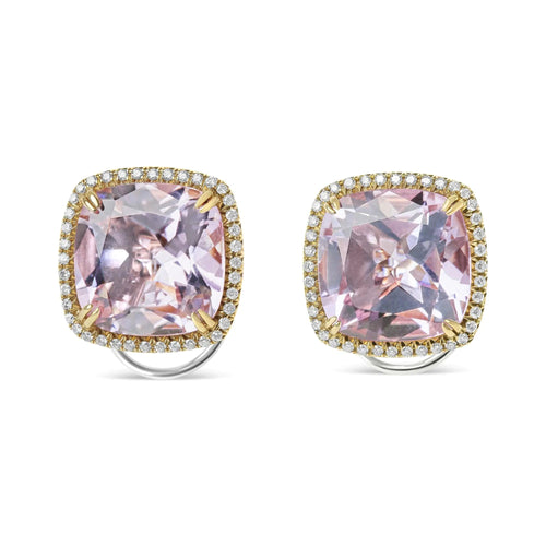 18K Rose and White Gold 9/10 Cttw Round Diamond and 15mm Cushion Cut Rose De France Pink Amethyst Gemstone Clip On Stud Earring (G-H Color, SI1-SI2 Clarity) WEM Support (www.WEM.support)