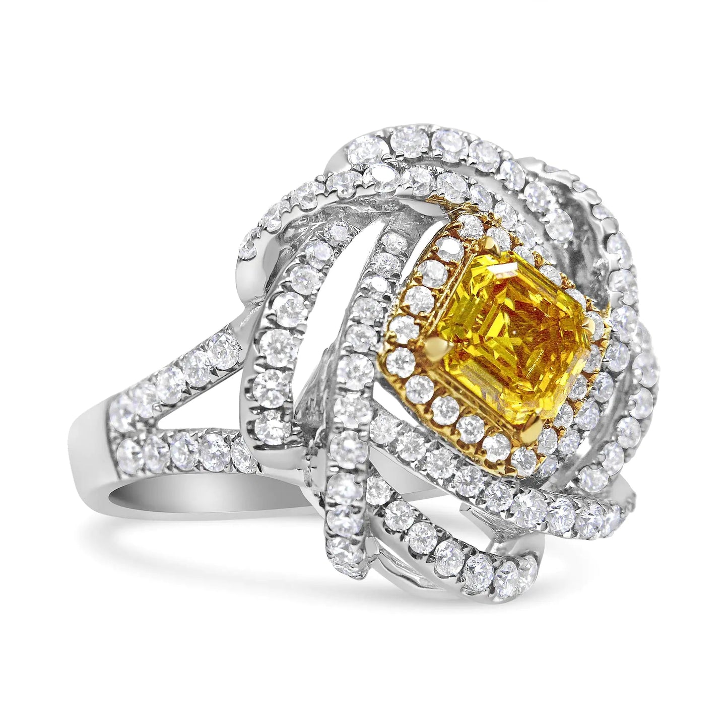 18K White and Yellow Gold 2 1/2 Cttw Yellow Asscher Lab Grown Center Diamond Cluster Swirl Ring (Yellow/G-H Color, VS1-VS2 Clarity) WEM Support (www.WEM.support)