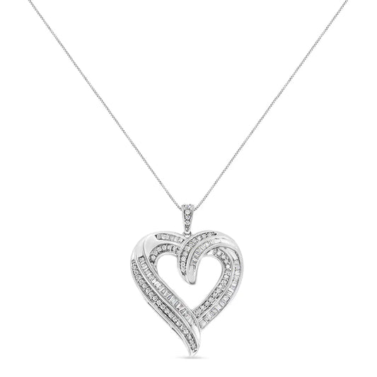.925 Sterling Silver 3/4 Cttw Round and Baguette-Cut Diamond Open Heart 18" Pendant Necklace (I-J Color, I2-I3 Clarity) WEM Support (www.WEM.support)
