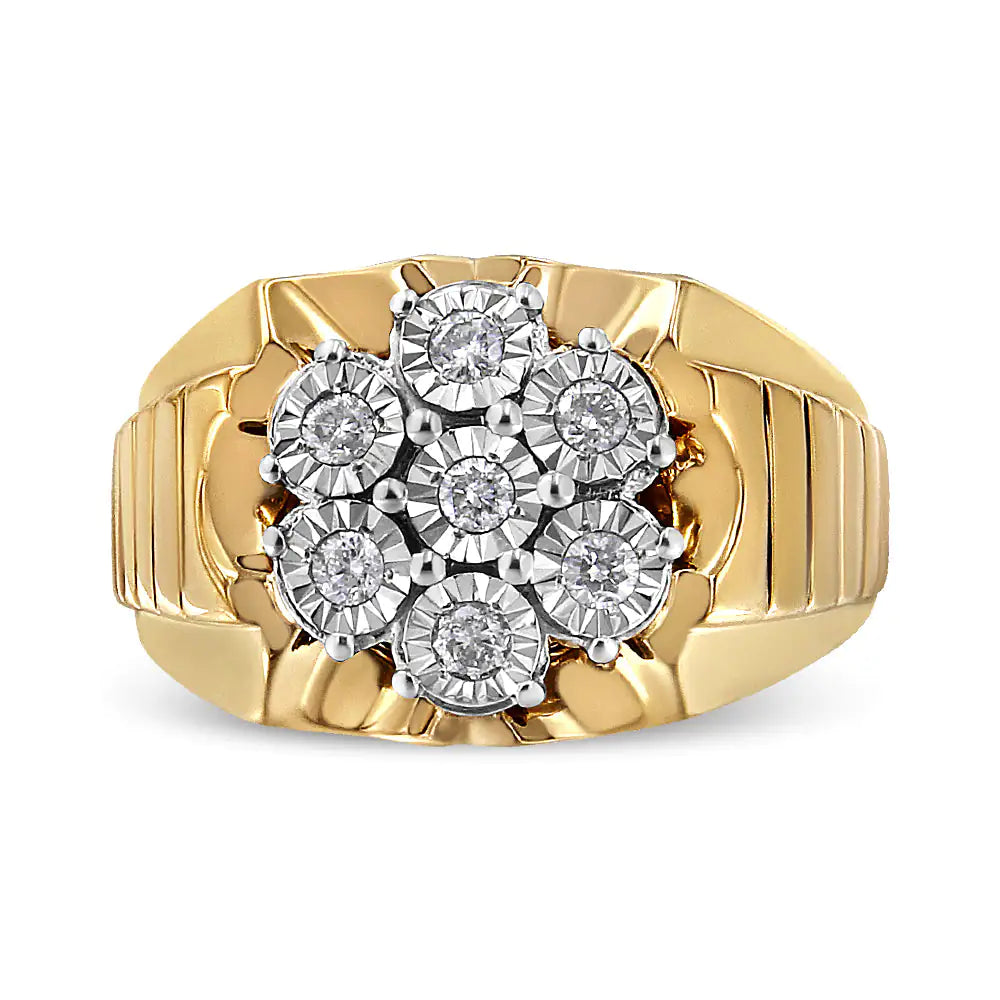 Anillo de Racimo de Diamantes Florales Milagroso de 1/3 Quilate en Plata Esterlina .925 Bañada en Oro Amarillo de 14K (Color I-J, Claridad I1-I2) WEM Support (www.WEM.support)
