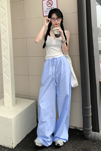 Blue Striped High-Waist Pants