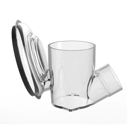 A transparent breast pump connector accessory with a lid and a spout, designed for compatibility with wearable breast pumps.