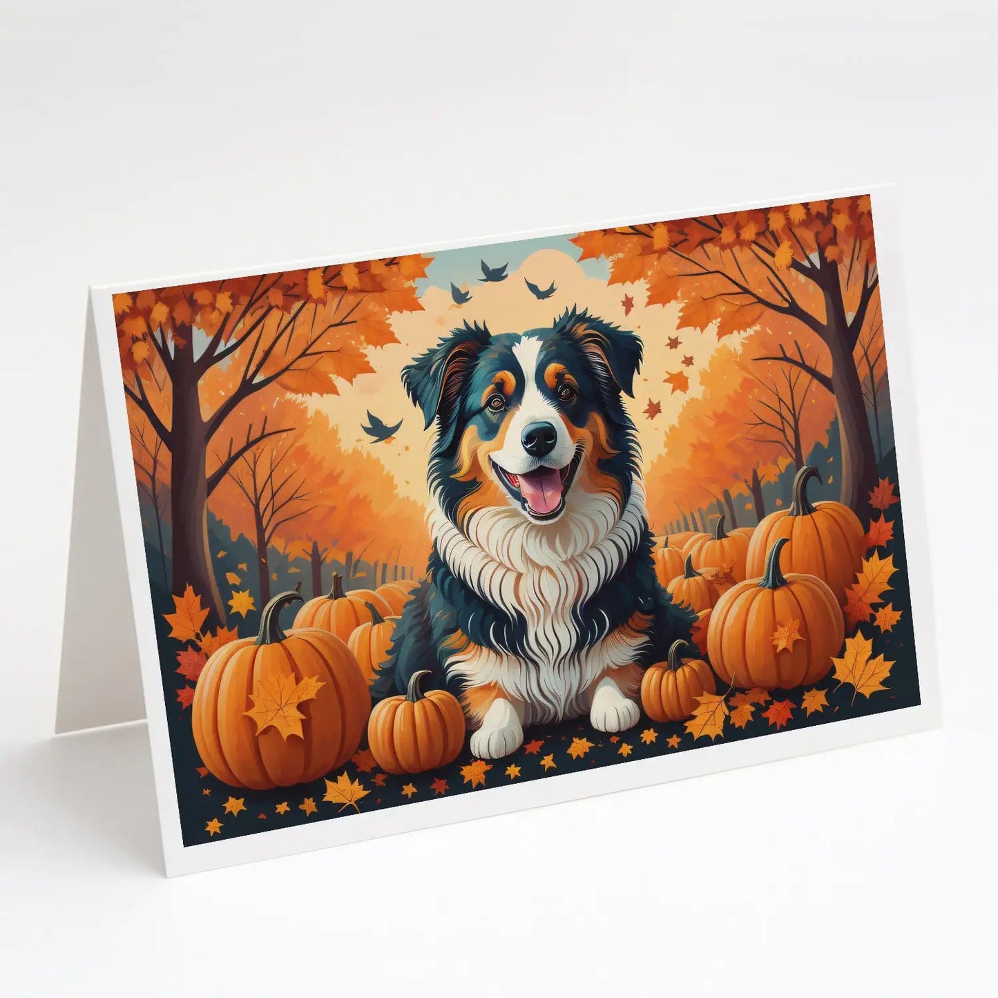Australian Shepherd Terrier Fall Greeting Cards Pack of 8 WEM Support (www.WEM.support)