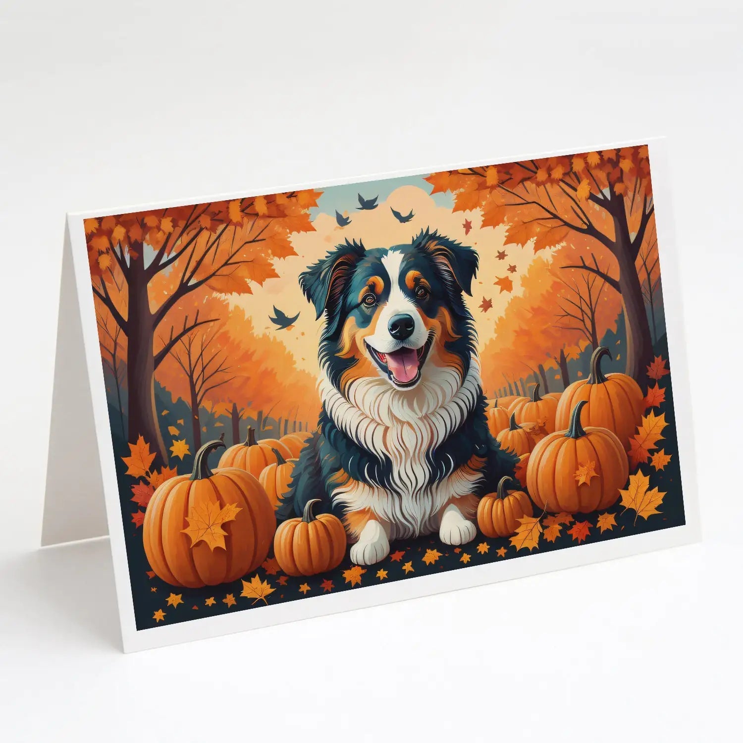 Australian Shepherd Terrier Fall Greeting Cards Pack of 8 WEM Support (www.WEM.support)
