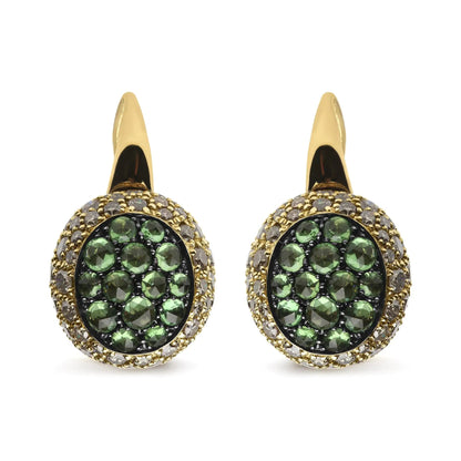 18K Yellow Gold 3 1/2 Cttw Diamond and Round Green Tsavorite Gemstone Round Domed Drop Hoop Earrings (Brown Color, SI1-SI2 Clarity) WEM Support (www.WEM.support)
