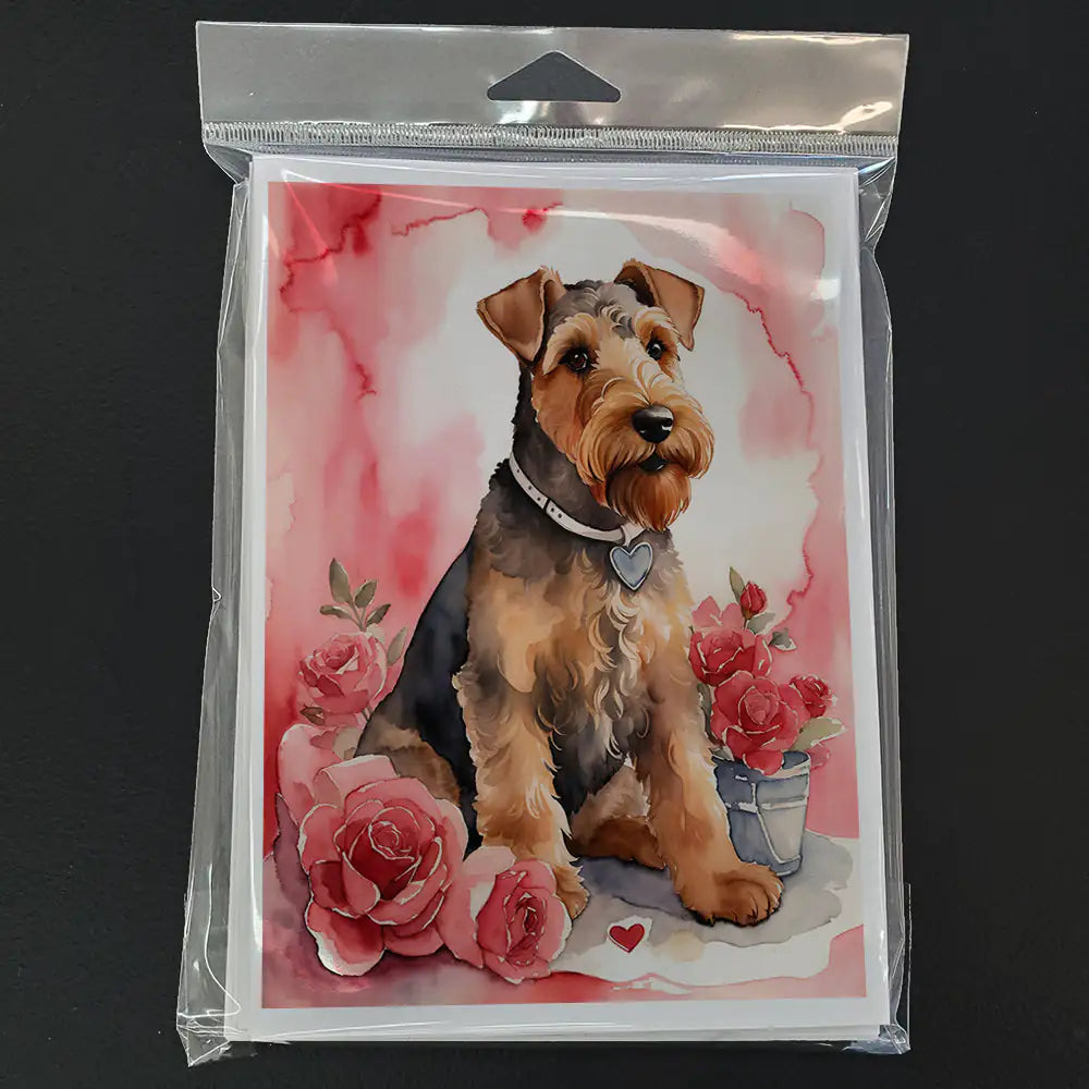 Airedale Terrier Valentine Roses Greeting Cards Pack of 8 WEM Support (www.WEM.support)