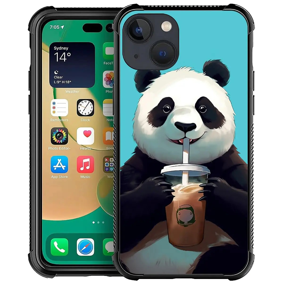 for iPhone 13 Case, Cute Cartoon Panda Drink Coffee Pattern Graphic Design for Girl Boy Soft Silicone Hard Acrylic Shock Protection Designed for iPhone 13