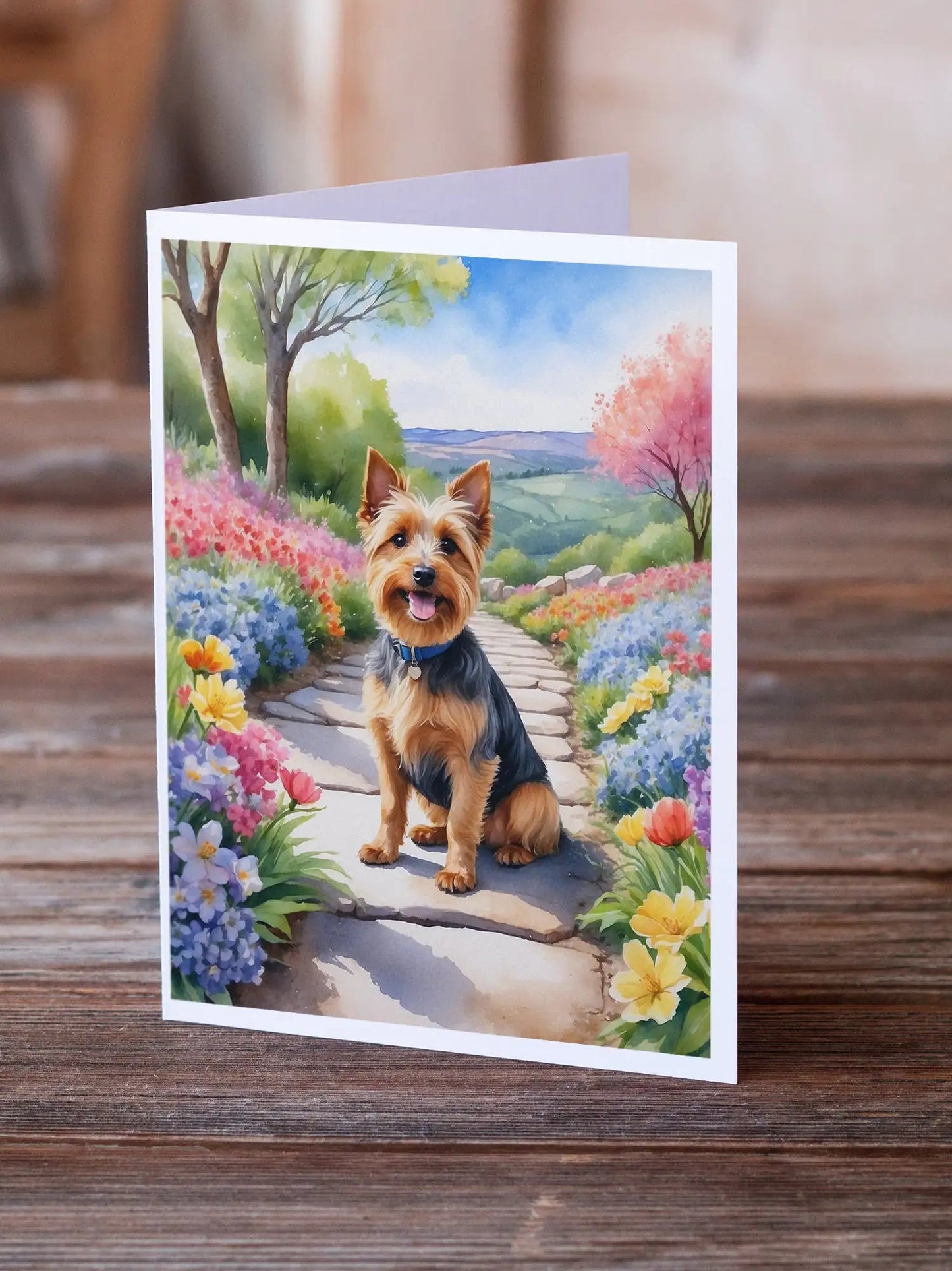 Australian Terrier Spring Garden Greeting Cards Pack of 8 WEM Support (www.WEM.support)