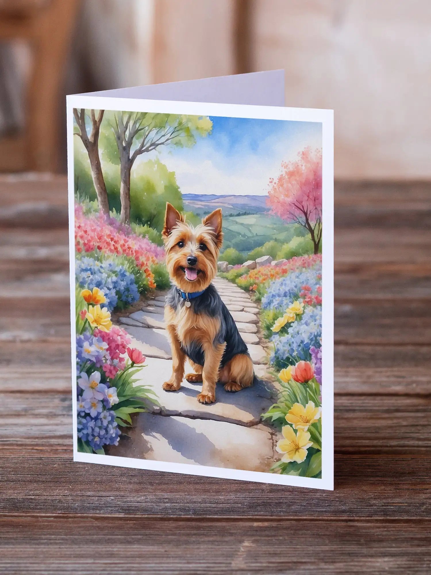 Australian Terrier Spring Garden Greeting Cards Pack of 8 WEM Support (www.WEM.support)