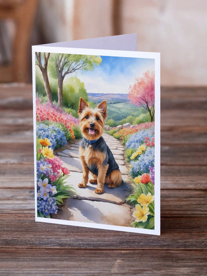 Australian Terrier Spring Garden Greeting Cards Pack of 8 WEM Support (www.WEM.support)