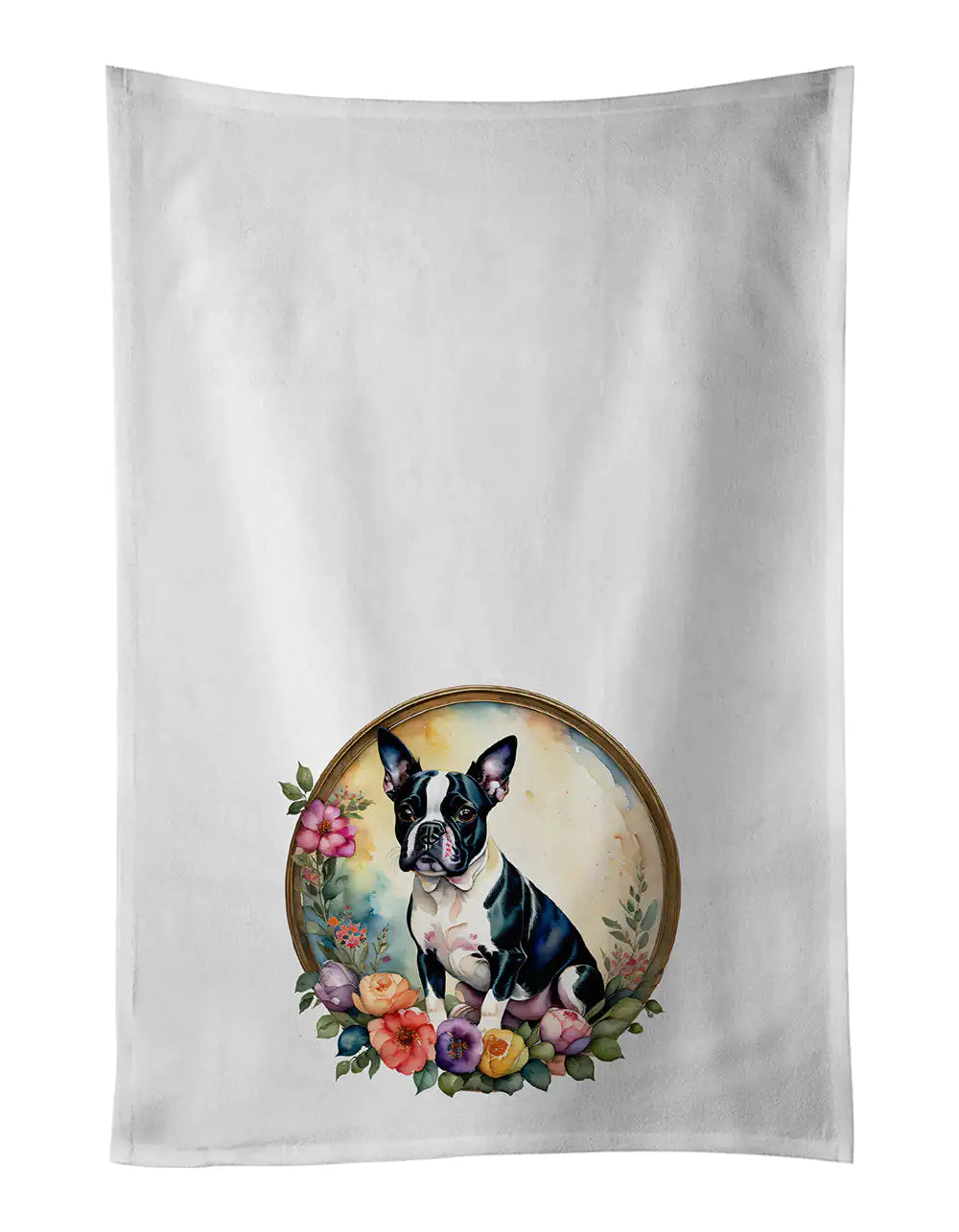 Boston Terrier and Flowers Kitchen Towel Set of 2 WEM Support (www.WEM.support)