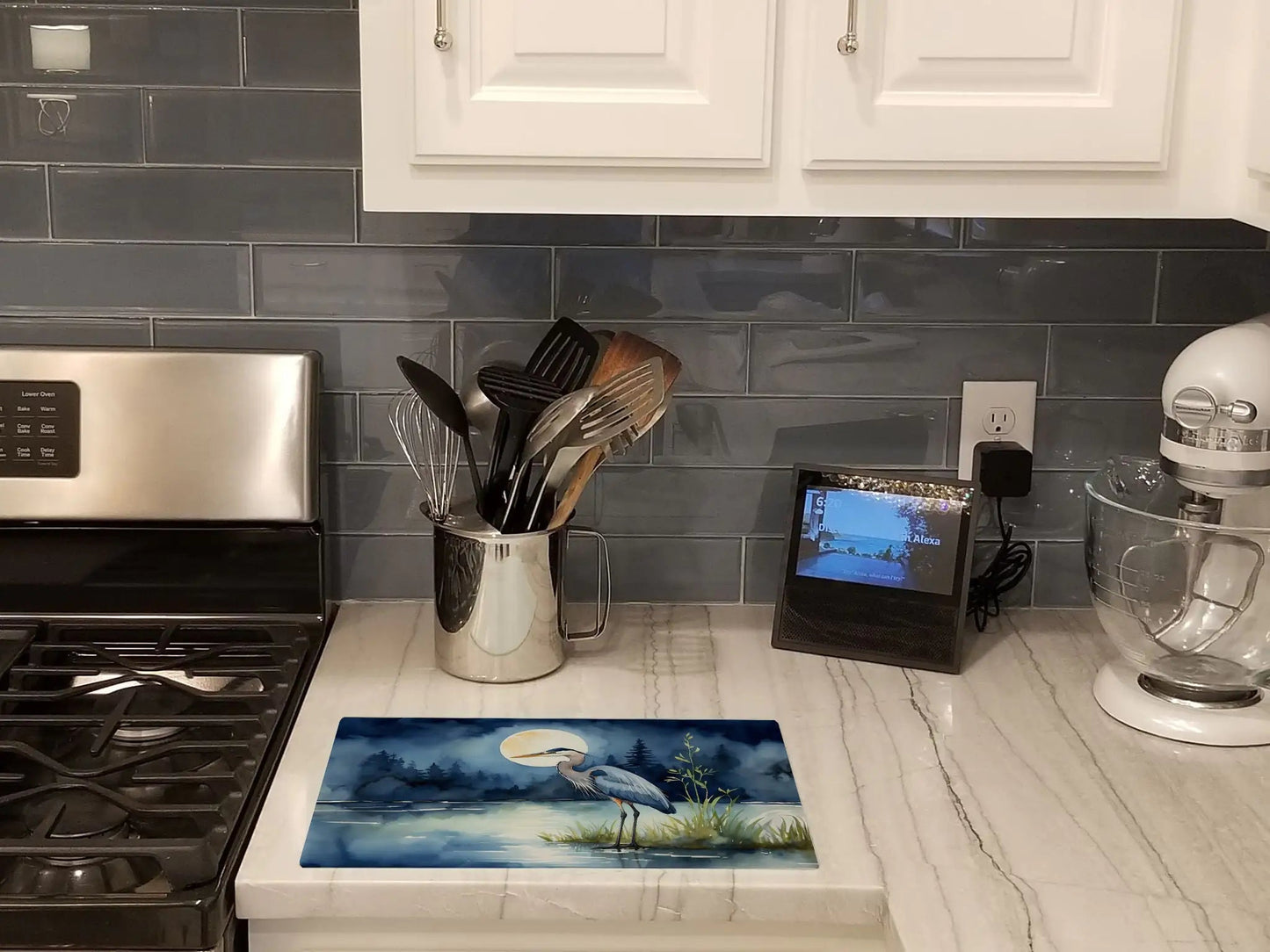 Blue Heron Under the Moonlight Glass Cutting Board WEM Support (www.WEM.support)