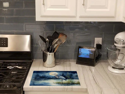 Blue Heron Under the Moonlight Glass Cutting Board WEM Support (www.WEM.support)