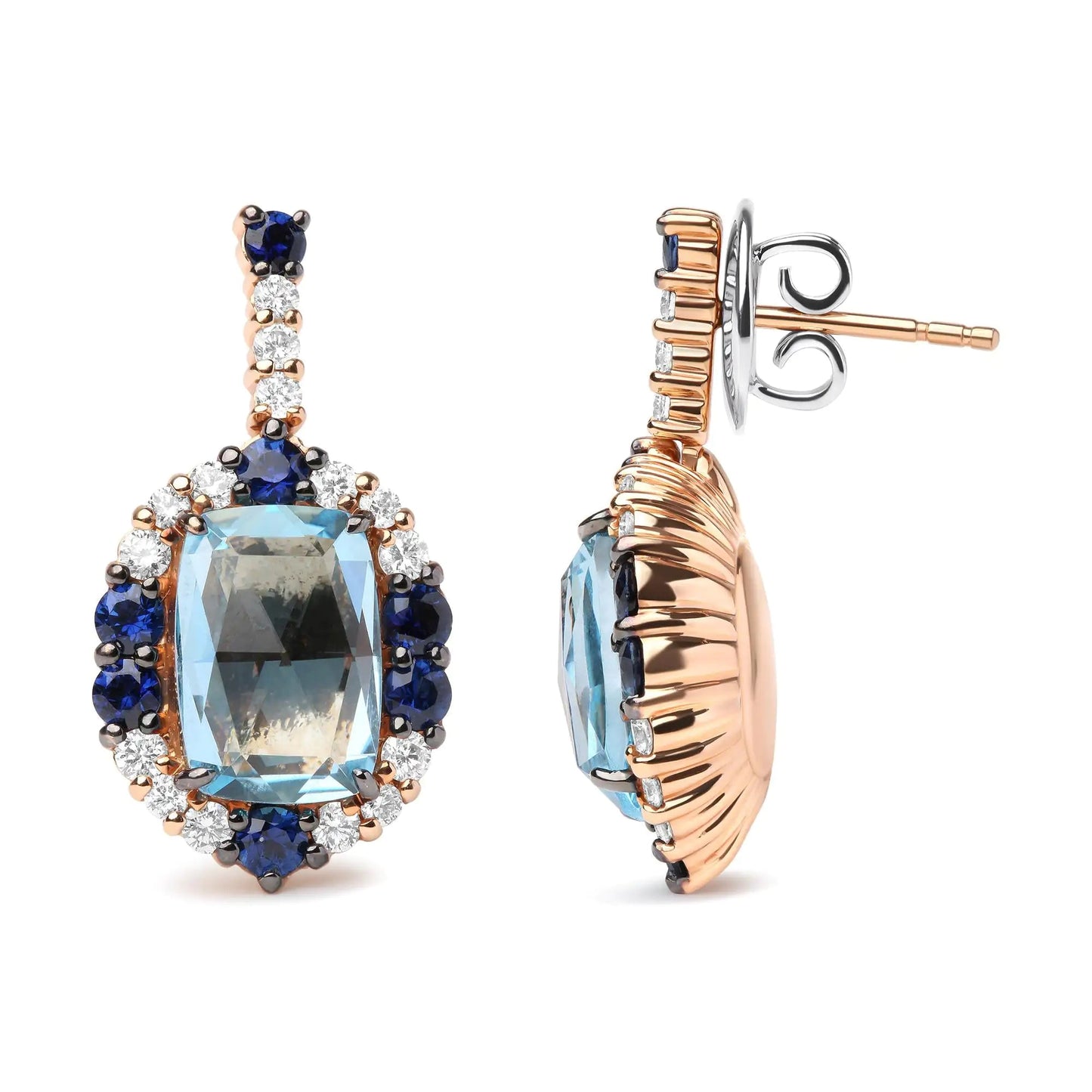 18K White and Rose Gold and 3/4 Cttw Diamond with Round Blue Sapphire and 13x8mm Cushion Cut Sky Blue Topaz Gemstone Cluster Dangle Earrings (G-H Color, SI1-SI2 Clarity) WEM Support (www.WEM.support)