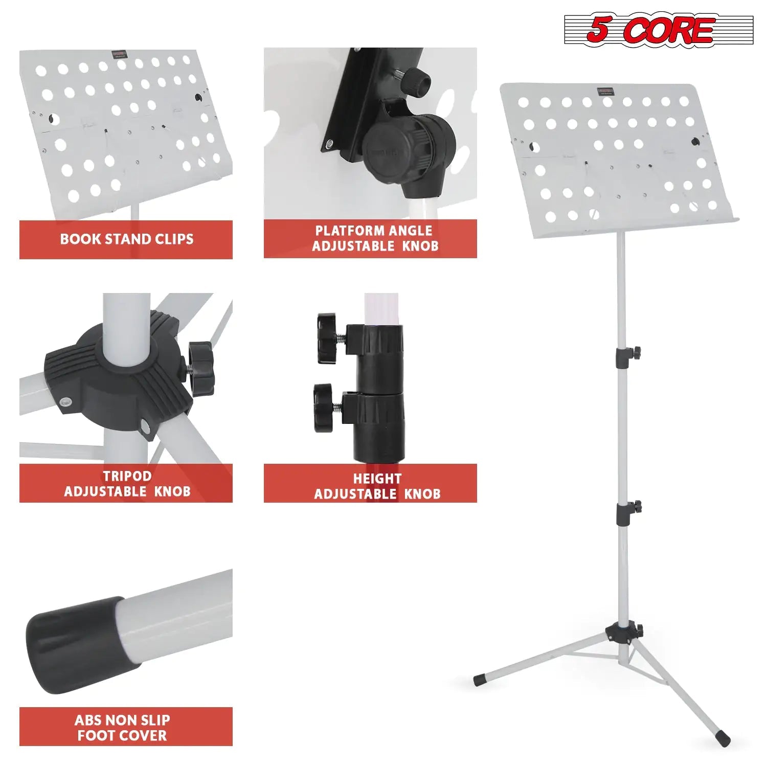 5Core Music Stand For Sheet Music Portable Tripod Adjustable Folding Note Holder White WEM Support (www.WEM.support)