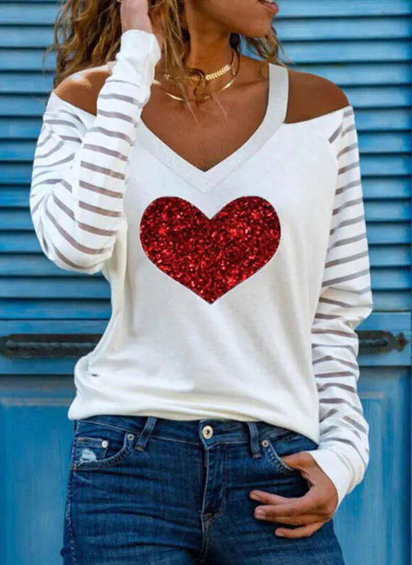 Fashion V Off-Shoulder Printed T-Shirt for Ladies