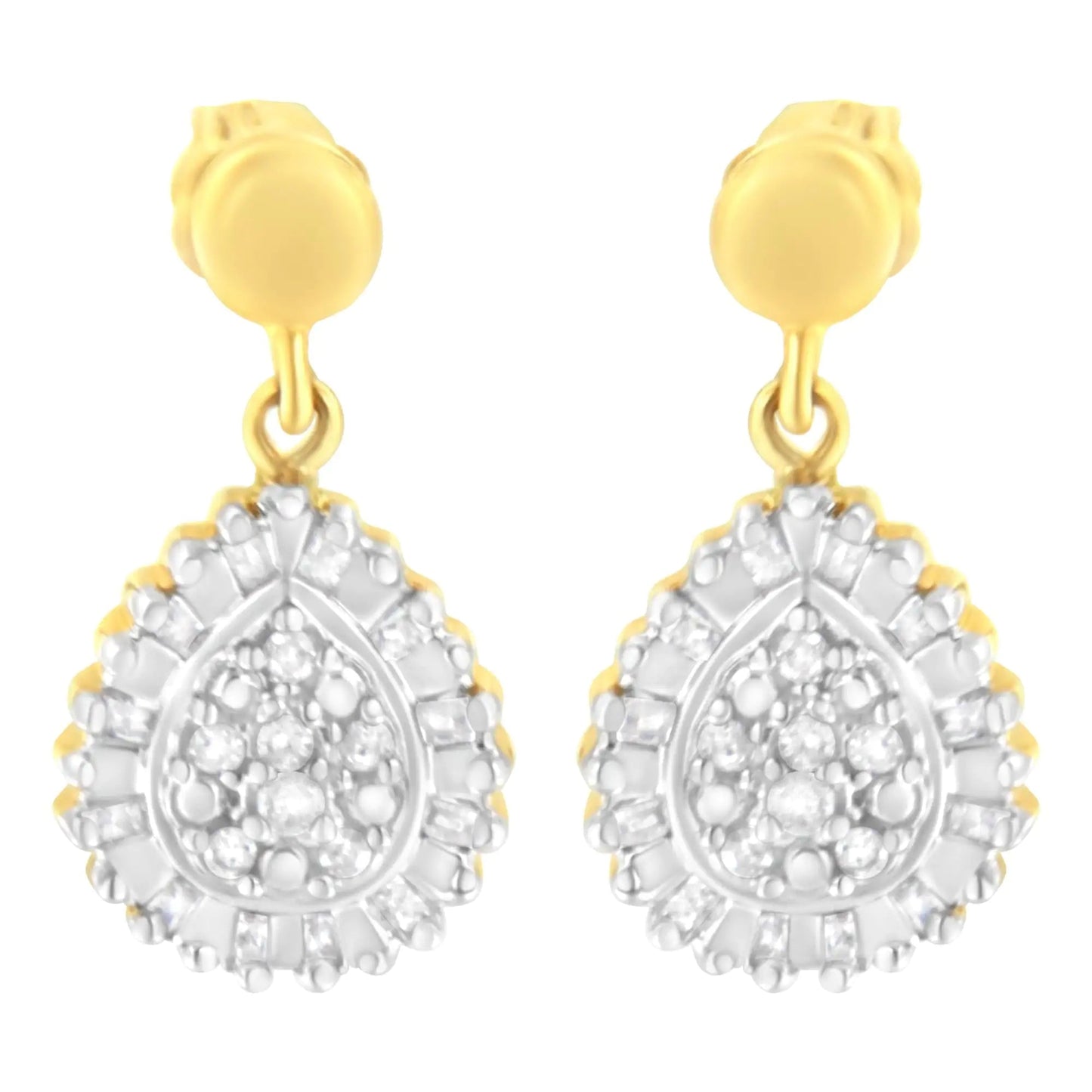 Brincos de Argola com Pingente e Estilo Gota em Ouro Amarelo 10K com 1/4 Cttw de Diamantes Redondos e em Baguete (Cor I-J, Clareza I2-I3) WEM Support (www.WEM.support)