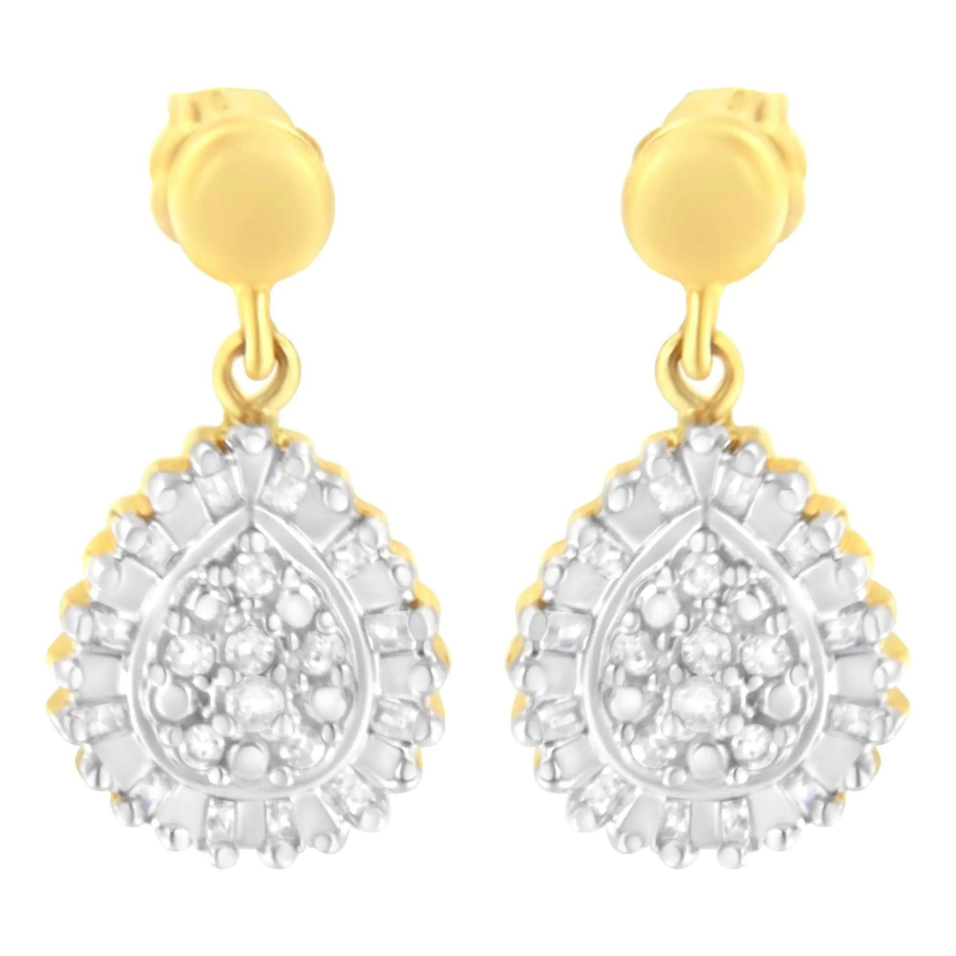 Brincos de Argola com Pingente e Estilo Gota em Ouro Amarelo 10K com 1/4 Cttw de Diamantes Redondos e em Baguete (Cor I-J, Clareza I2-I3) WEM Support (www.WEM.support)