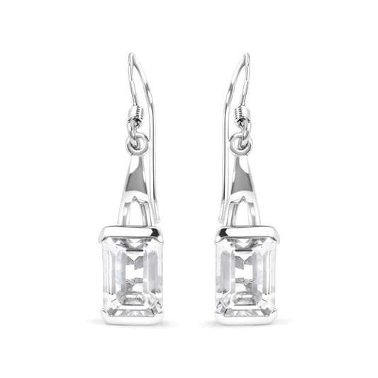 .925 Sterling Silver 3.0 Cttw Emerald Cut White Topaz Solitaire Dangle Earring - AAA Quality WEM Support (www.WEM.support)