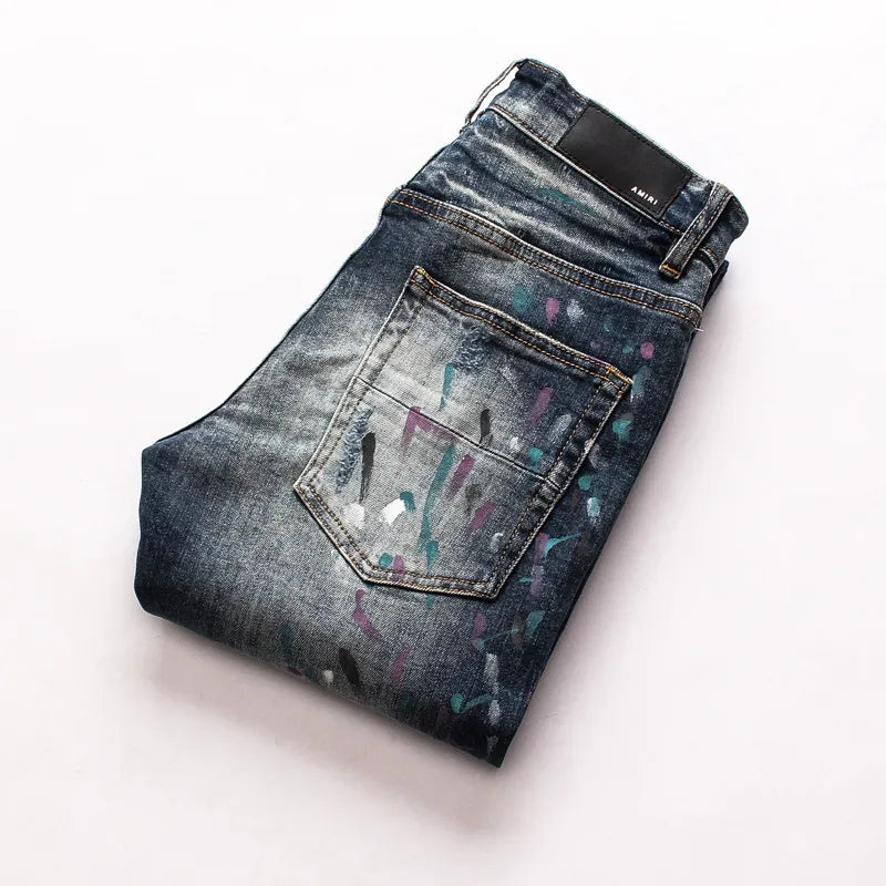 Men's Ripped Patch Jeans Youth Slim Pants Biker Pants Inkjet Personality WEM Support (www.WEM.support)