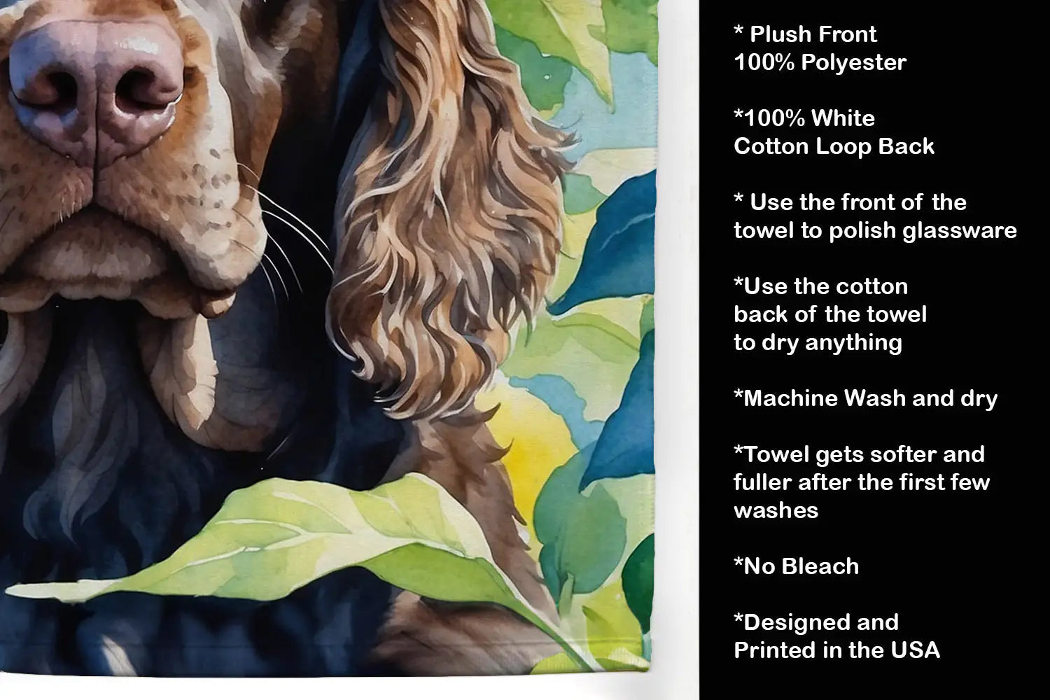 American Water Spaniel in Sunflowers Kitchen Towel WEM Support (www.WEM.support)