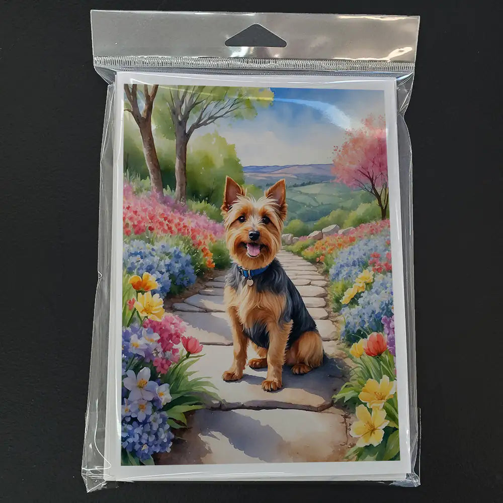 Australian Terrier Spring Garden Greeting Cards Pack of 8 WEM Support (www.WEM.support)