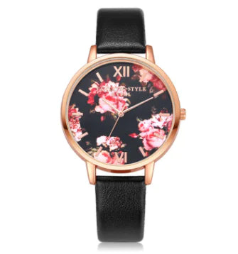 Fashion Floral Dial Watch for Women, PU Strap