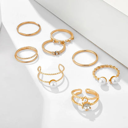 Gold Geometric Ring Set with Pearls and Crystals WEM Support (www.WEM.support)