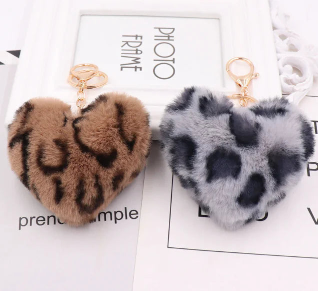 Chaveiro de Coração de Pelúcia com Estampa de Leopardo HejK.com
