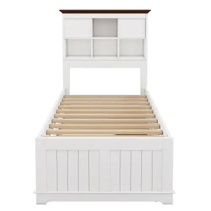 Solid Pine Captain Bookcase Bed With Trundle Bed And 3 Spacious Under Bed Drawers In Casual,Twin, White Walnut WEM Support (www.WEM.support)
