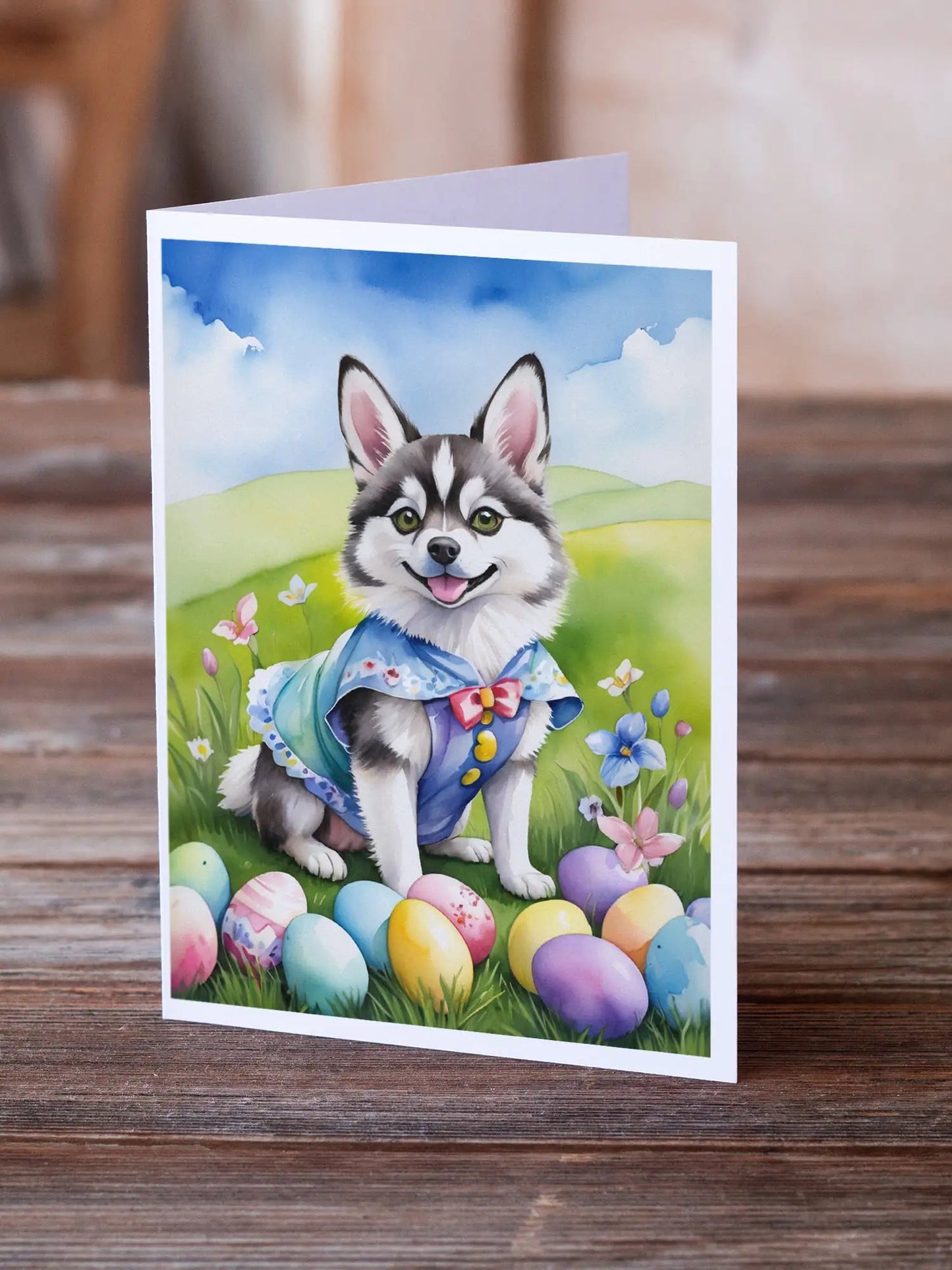 Alaskan Klee Kai Easter Egg Hunt Greeting Cards Pack of 8 WEM Support (www.WEM.support)
