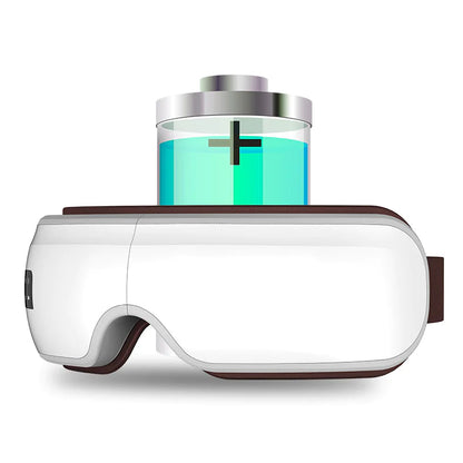 A white foldable smart eye massager with a battery compartment on the top and a blue light indicator. The device has a sleek, modern design with brown accents around the eyes.